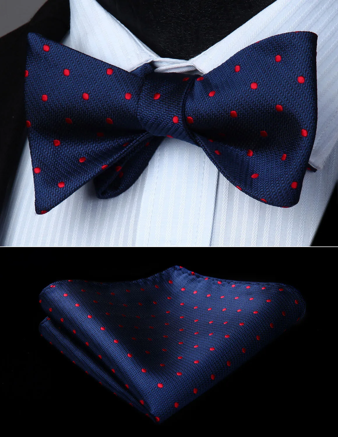

BD609VS Red Navy Blue Polka Dot Bowtie Men Butterfly Silk Self Bow Tie handkerchief set