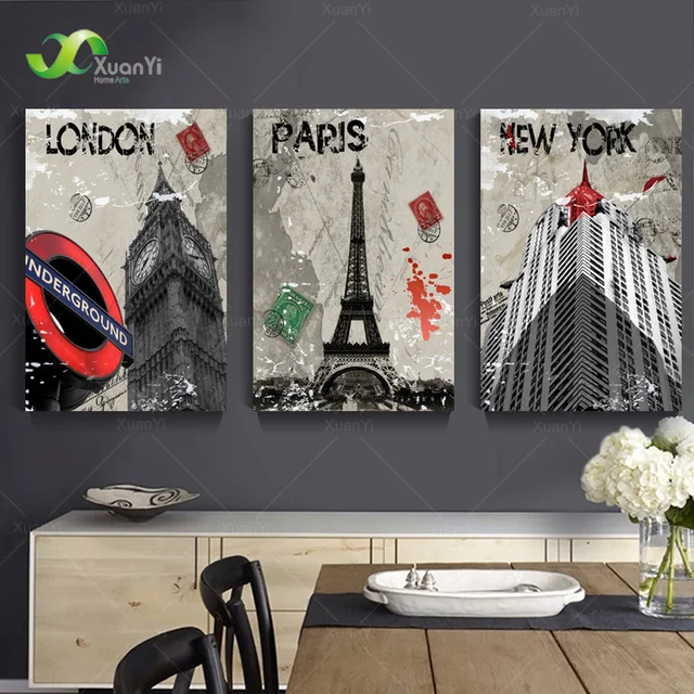 3 Panel Modern London Paris New York City Painting Cuadros Decoracion City Town Landscape