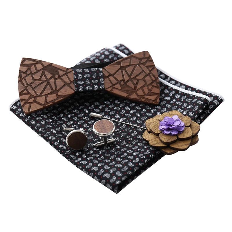 Новое поступление деревянный галстук-бабочка+ платок+ брошь+ Запонки Наборы для мужской костюм деревянная бабочка и чехол модные свадебные галстуки