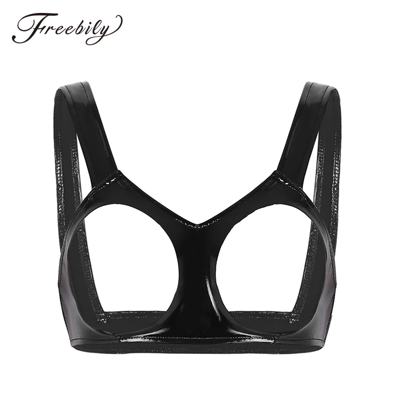 Women Hot Erotic Lingerie Bra Latex Rubber Fetish Bra with Cut-out Breasts Erotic Underwear Open Cups Bra Vest Tank Crop Tops