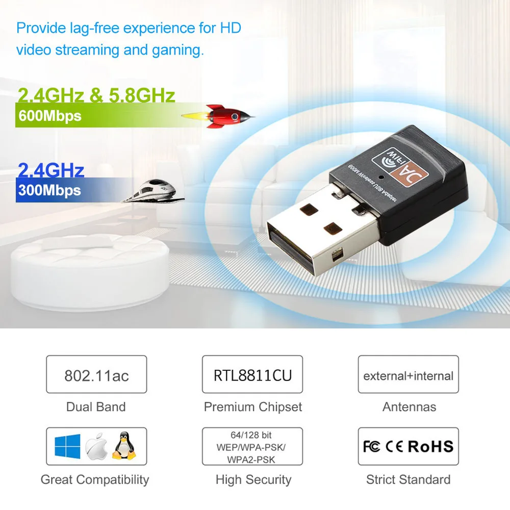 600 Мбит/с USB антенна Wifi ключ приемник двухдиапазонный 2,4 ГГц 5,8 ГГц USB wifi адаптер 802.11ac Wi-Fi для Windows 7 8 10 Mac PC