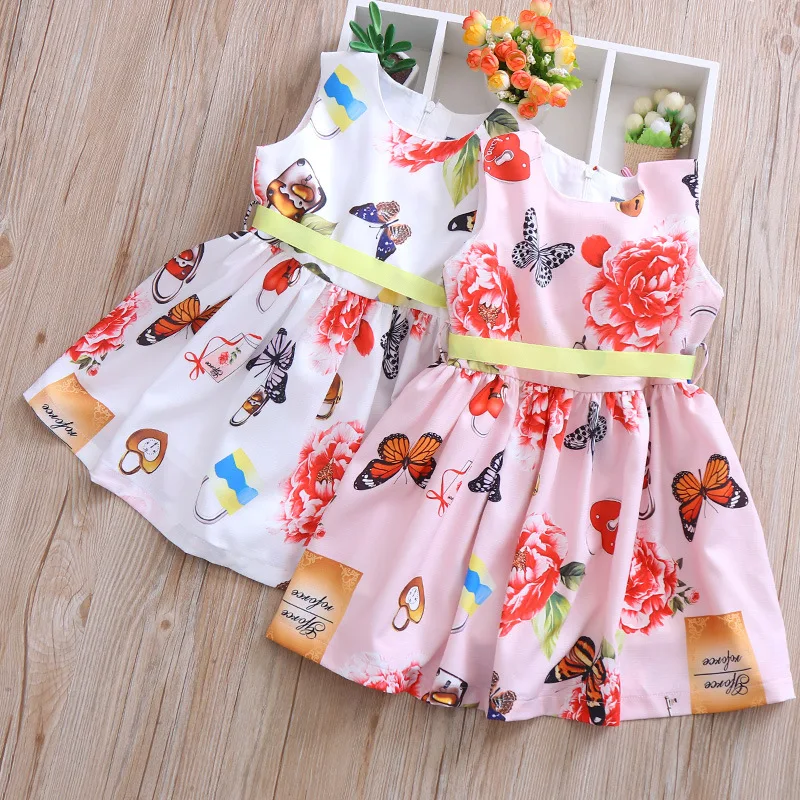 Casual Summer Baby Girl Dress Chiffon Print Floral Butterfly Ribbon Bow