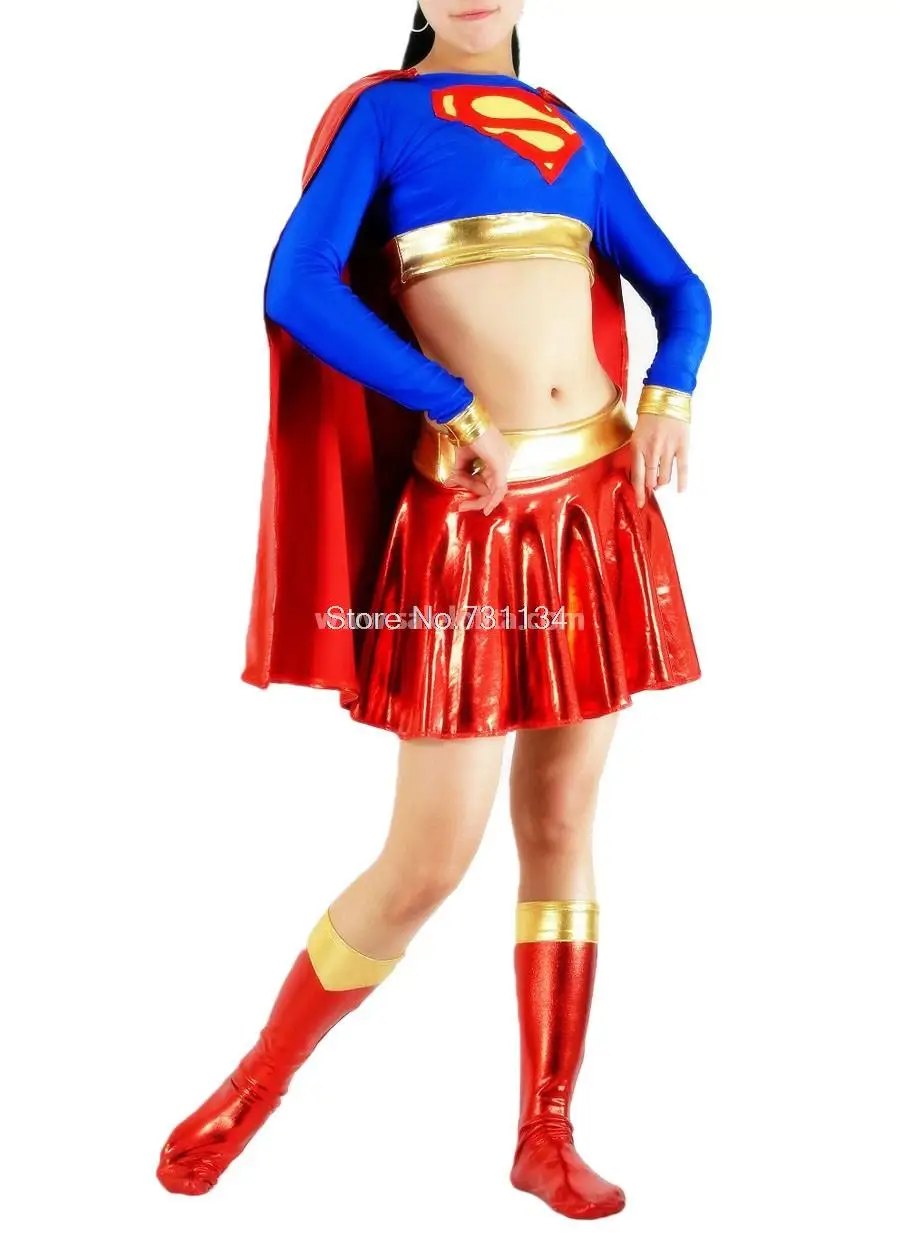 Для женщин Хэллоуин Костюмы супергероев синий и красный Для женщин лайкра Супермен Блестящий металлический Zentai платье