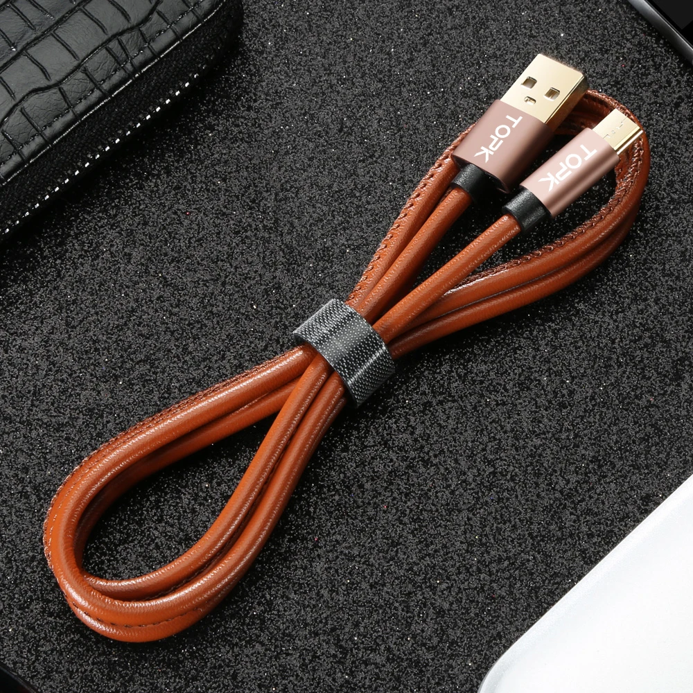 TOPK Премиум Кожаный Плетеный usb type C кабель для синхронизации данных USB зарядный