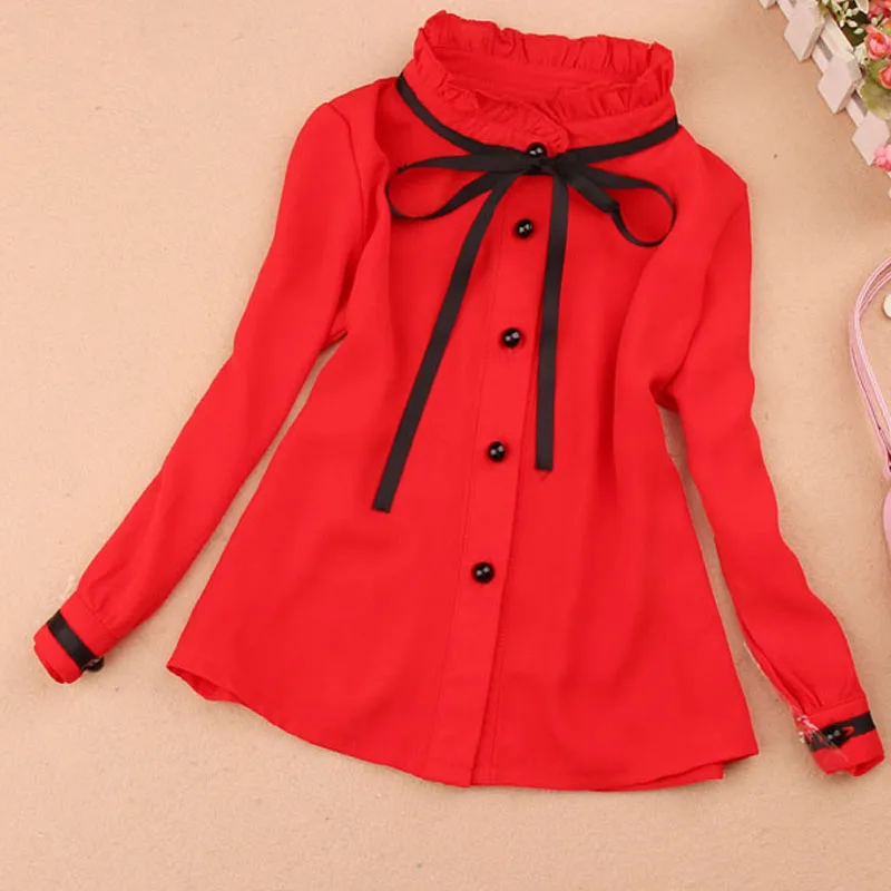 Детская одежда для малышей весенняя одежда для больших детей школьные шифоновые Белые и розовые кружевные блузки с длинными рукавами для девочек Детская рубашка - Цвет: 30918 red