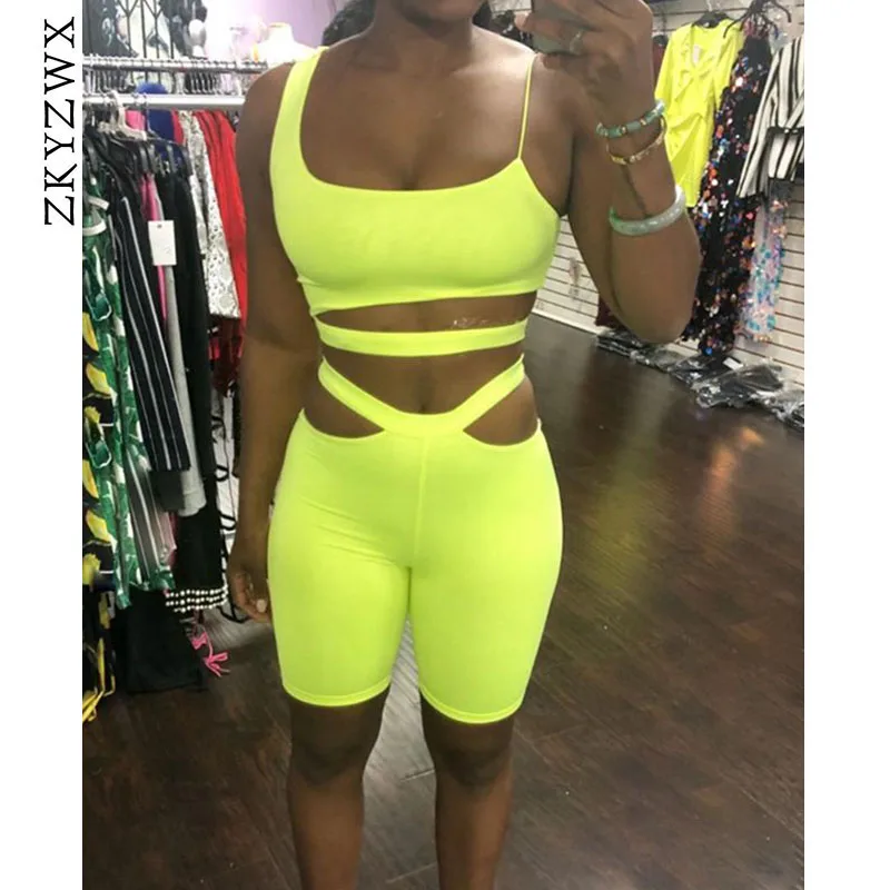 

ZKYZWX Summer Women Two Piece Set Club Outfits Crop Tops+High Waist Biker Shorts Sweatsuits Sexy Hollow Out Tracksuit 2 Pcs Sets