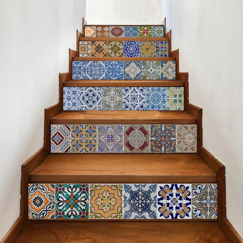 JX-LCLYL DIY 3D Retro Mexican Vinyl Stair Tile Risers Mural Decal Wall Paper Stickers