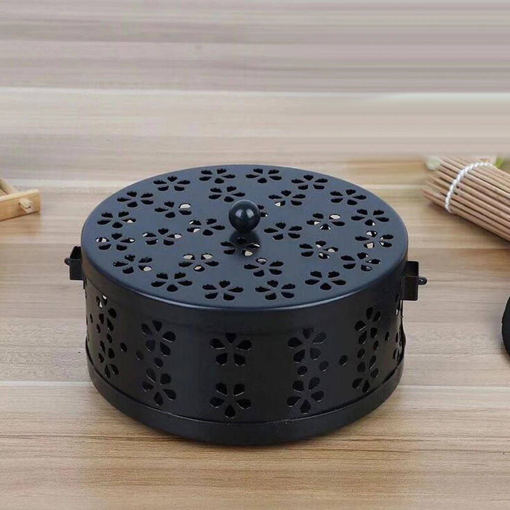 Retro Hollow Out Mosquito Coil Holder Handle Box for Teahouse Home Black