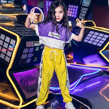 

Girls Jazz Dance Costumes Short Sleeve Shirt For Kids Hip Hop Clothes Street Dance Girls Sportwear Children Dance Costume VDB245