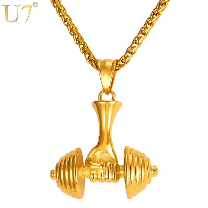 

U7 Dumbbell Necklace Sport Fitness Gold Color Stainless Steel Pendant & Chain For Men Jewelry Gift 2017 New P1060