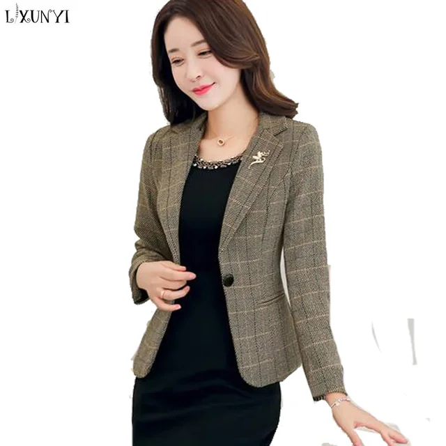 Lxunyi Spring New Short Office Coat Ladies Plaid Blazers Long Sleeve