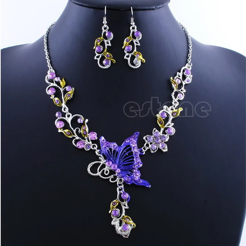 JAVRICK 1 набор, вечерние, свадебные, подарок, стразы, ожерелье, серьги, Бабочка, ювелирный набор, цветок, ожерелье, 1 шт+ серьги, 1 пара, Новинка - Окраска металла: Purple