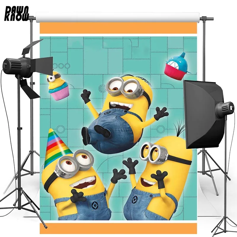 

DAWNKNOW Yellow Vinyl Backdrops For Baby Cartoon Minions Polyester Photography Background For Children Photo Studio G468
