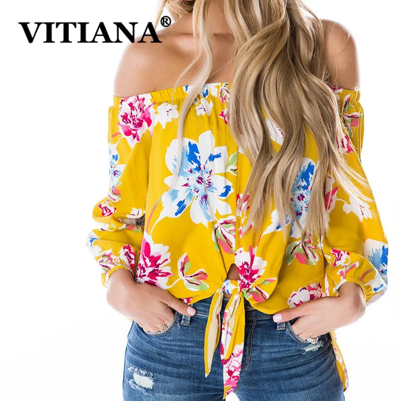 

VITIANA Women Beach Sexy Tops Summer 2019 Female Print T-Shirt Womens Pullover Slash Neck Lace Up Casual Tees Ladies Red Tshirts