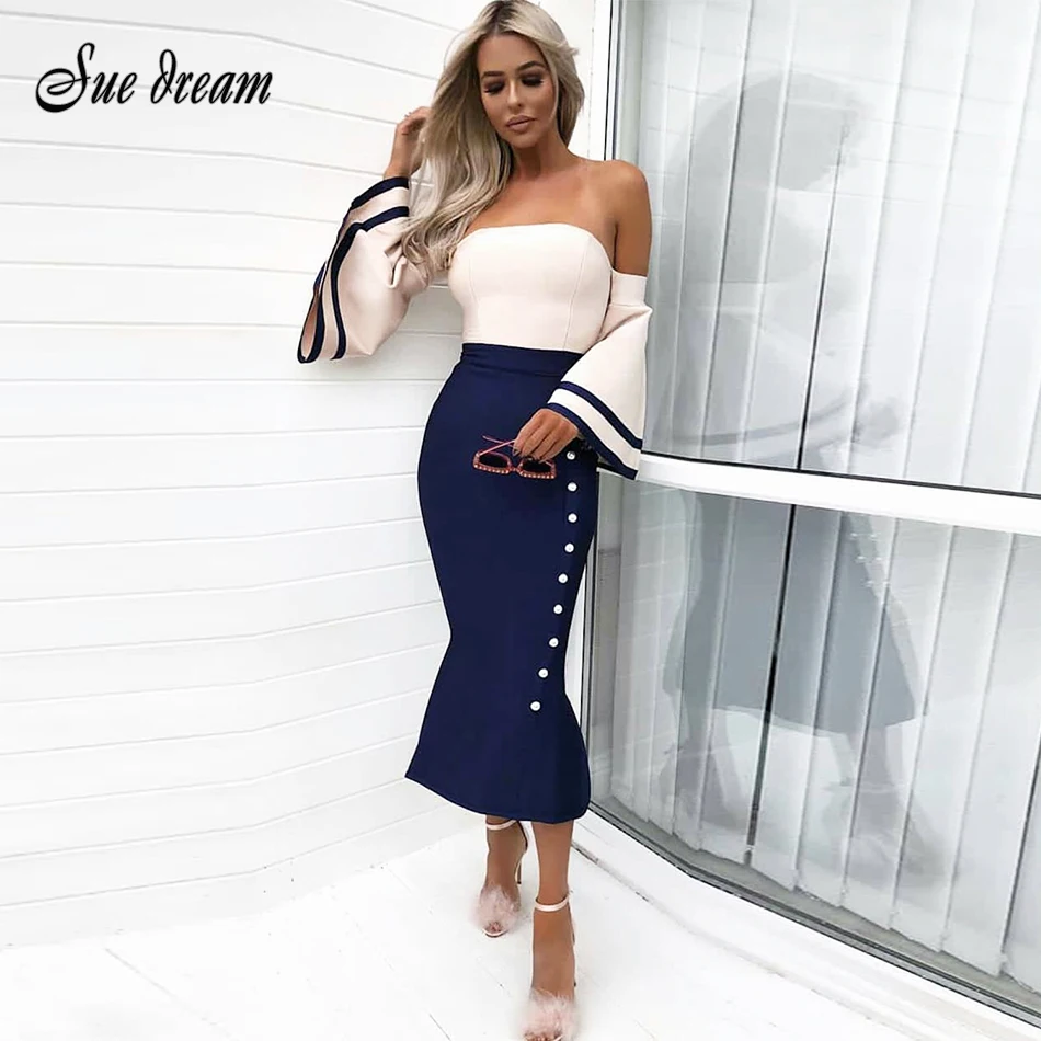 

2018 Winter new women dress slash neck bandage dress sexy bodycon button celebrity party navy fishtail dresses vestido wholesale