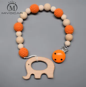 

MIYOCAR natural safe wooden orange crochet beads wood beads pacifier clip pacifier holder dummy clip with Elephant teether set