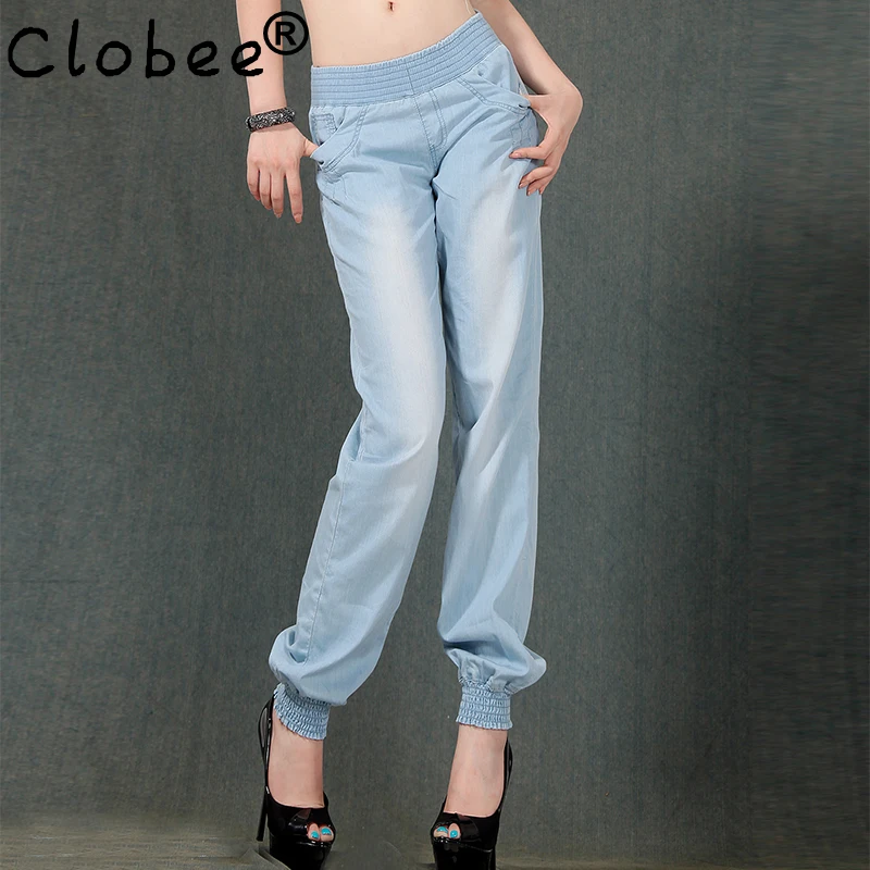 

2017 Summer New Thin Funds Breathable Cool Tencel Jeans Wide Leg Pants Big Yards Elastic Waist Pants For Women