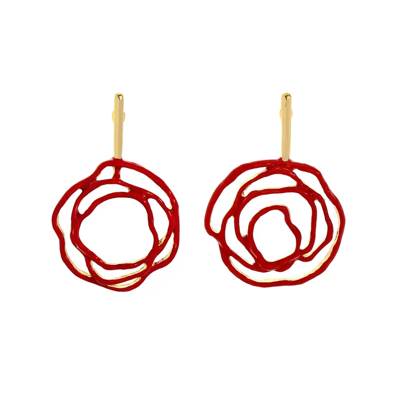 

Vintage Fashion Jewelry Enamel Red Rose Flower Long Dangle Earrings For Women Hollow Geometric Charm Earrings Accessories