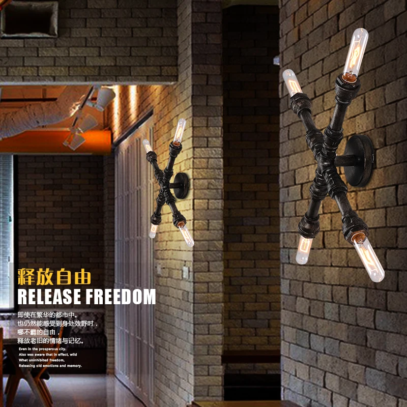 

Loft retro wrought iron coffee shop personality pipe industrial style bar Spicy Bampa 4heads wall lamp