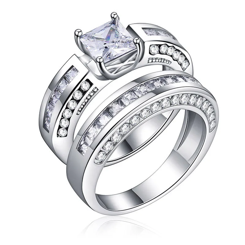 Fashion Wedding Ring For Lovers SILVER Color Crystal CZ Couple Rings Set Men Women Engagement White Violet Color Accessories R10