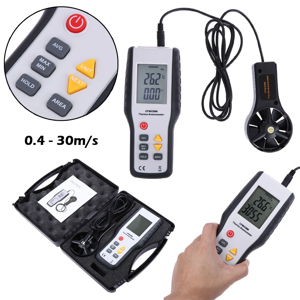 

Digital CFM/CMM Digital Air Wind Speed Gauge Tester Smart Anemometer Thermometer Air Velocity Flow Temperature Meter 30m/s #LO