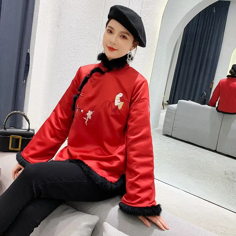Китайский стиль, женская куртка с хлопковой подкладкой, традиционная вышивка, теплая верхняя одежда с длинным рукавом, свободное Женское пальто на пуговицах ручной работы - Цвет: Красный