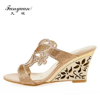 

Fanyuan Brand New Design Synthetic Women's high heels Solid Hollow formal shoes for women Crystal Ladies Wedges heels Slippers