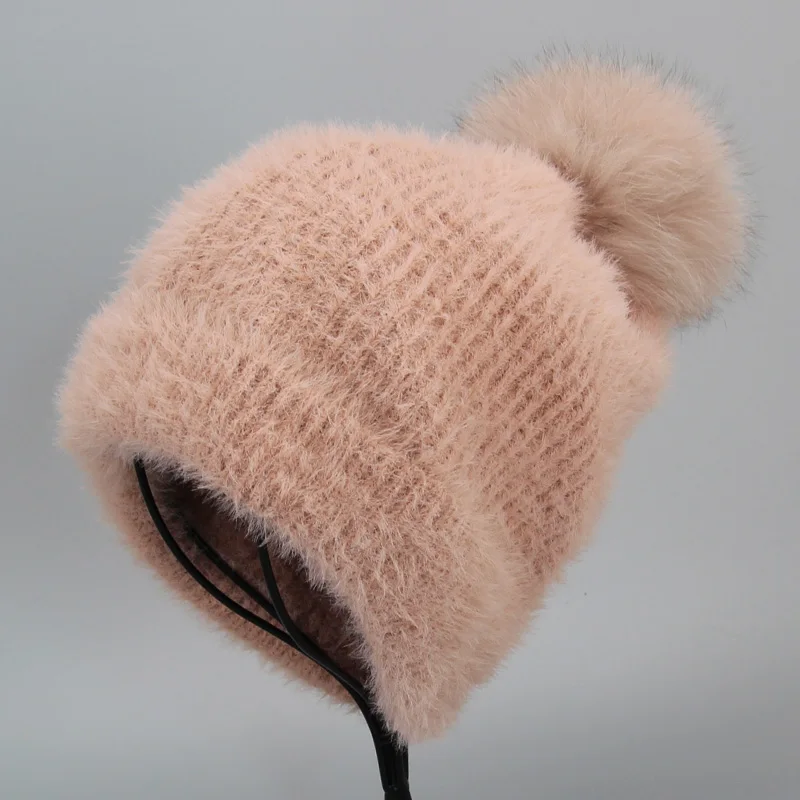 Женская зимняя шапка из искусственного норкового кашемира, шарф, набор из натурального меха лисы, помпоны, шапочки, сохраняющие тепло, шапочки Skullies, Шапка-бини - Цвет: PiPinkH1P