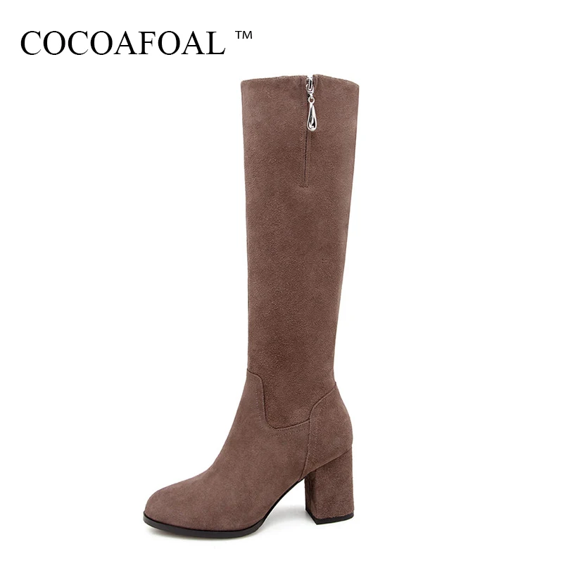 Goedkoop COCOAFOAL Winter Nubuck Leer Chelsea Knie Hoge Laarzen Mode Zwarte Vrouwen Hoge Hakken Schoenen Echt Leer Knie Hoge Laarzen