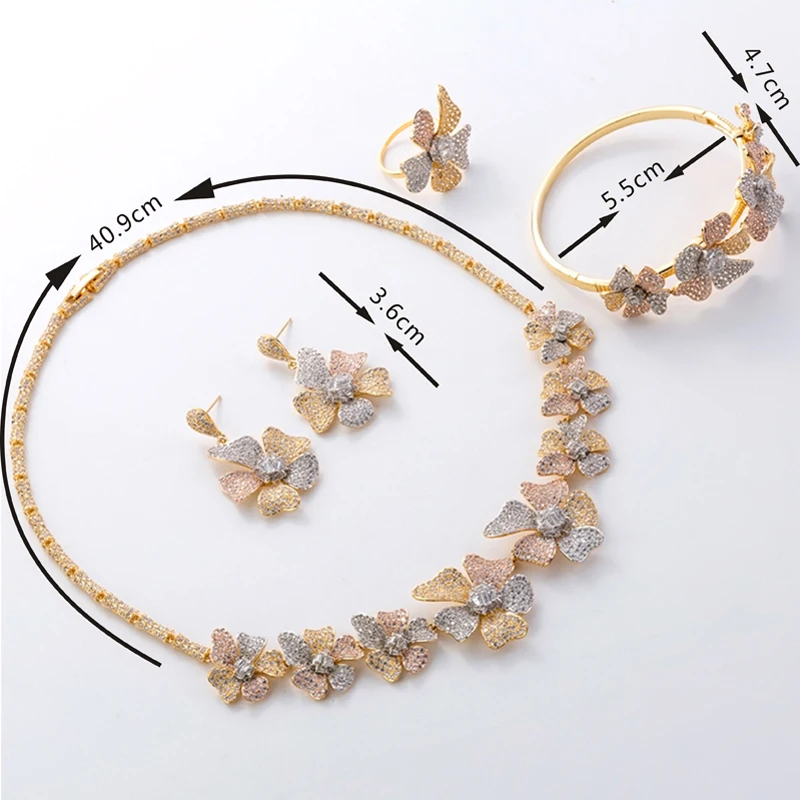 Hadiyana модный трехцветный цветочный женский набор, кубический цирконий, ожерелье, серьги браслеты и кольцо, 4 шт., ювелирный свадебный набор CN773