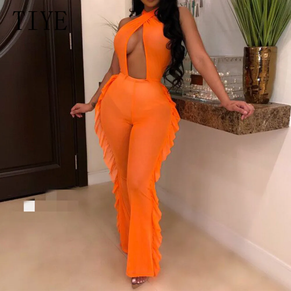 TIYE Sexy Open Back Hollow Out Halter Bodycon Jumpsuits Elegant See Through Ruffle Playsuits Summer Women Combinaison Femme TIYE Sexy Open Back Hollow Out Halter Bodycon Jumpsuits Elegant See Through Ruffle Playsuits Summer Women Combinaison Femme