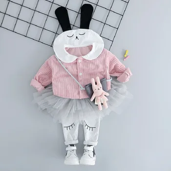

Baby Girls Corduroy Cartoon Rabbit Lapel Collar Cardigans Coat Outerwear + Mesh Tutu Skinny Pants Princess Party Kids 2Pcs Suits
