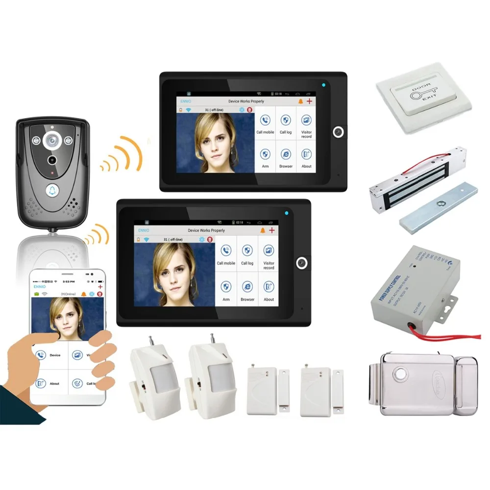 

Home set 7" 2 Monitors WiFi Wireless Video Door Phone intercom Doorbell IP Camera PIR IR Night Vision Home alarm system+Locks