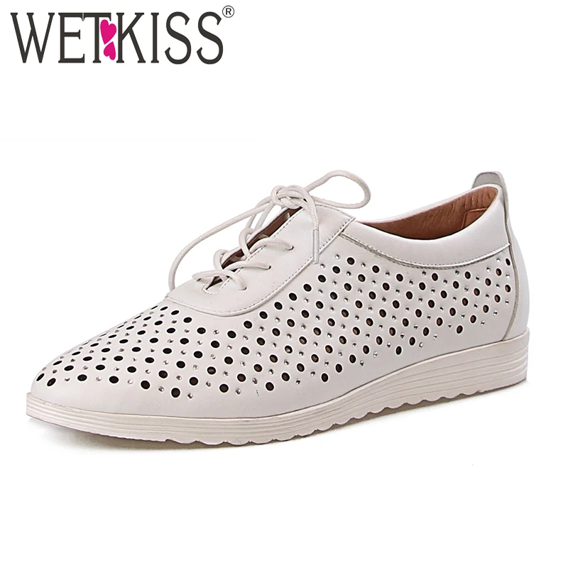 

WETKISS Summer Fashion Casual Women Flats Lace Up Round Toe Flat Sole Shoes Cow Leather Footwear 2018 Cutout Autumn Girl Shoes