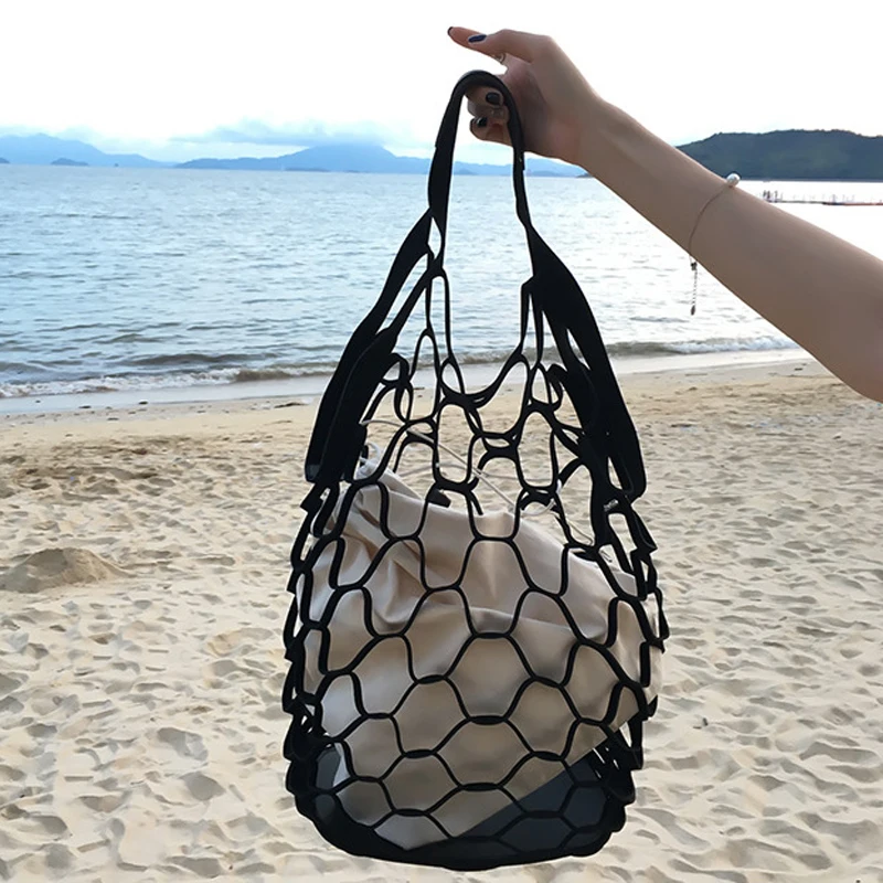 

New Korean Hollow Out Mesh Bags Retro Color Handbags Bucket Packs Leisure Large Capacity Beach Bags Holiday Seaside Travel Tote