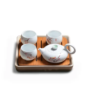 

Free Shipping Ceramic bamboo square tea tray hand-painted Cyan Flower tea cup pot set Japanese-style Kung Fu tea set
