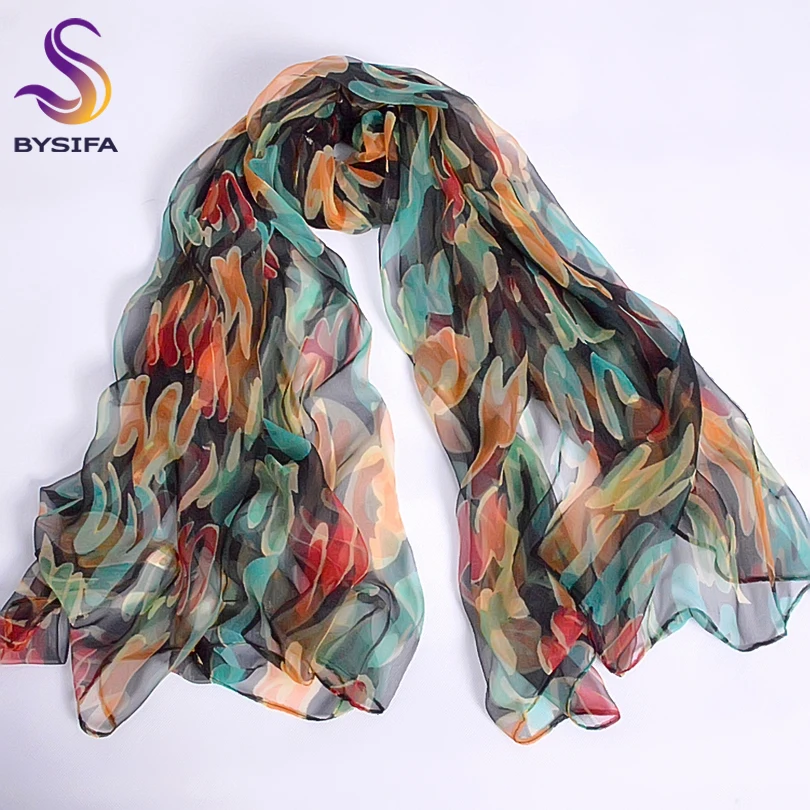 

New Blue Orange Silk Scarf Printed 2016 New Brand 100% Pure Silk Scarves Wraps Spring Autumn Female Large Size Long Scarves