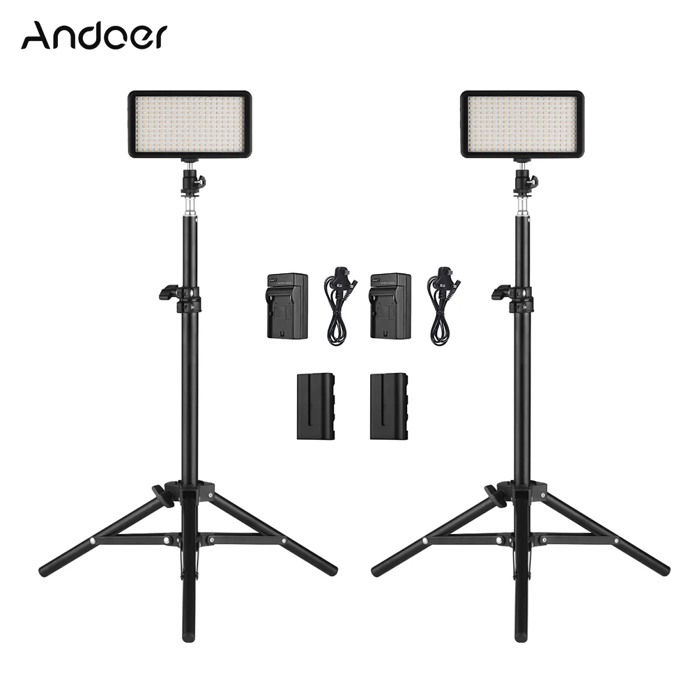 

Andoer LED Video Light Kit 2pcs Bi-Color Dimmable LED Video Light+2pcs Light Stand+2pcs Battery Charge for ILDC DSLR Cameras