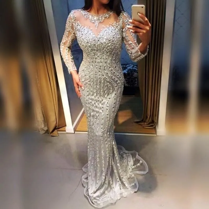Silver Mermaid Evening Dresses Long vestido longo abiye gece elbisesi Formal Gown Beaded abendkleider Crystals Evening Dress
