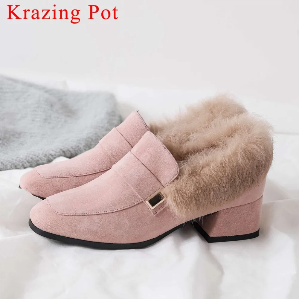 

Krazing Pot concise design slip on kid suede large size square toe thick med heels fur decoration office lady elegant pumps L02