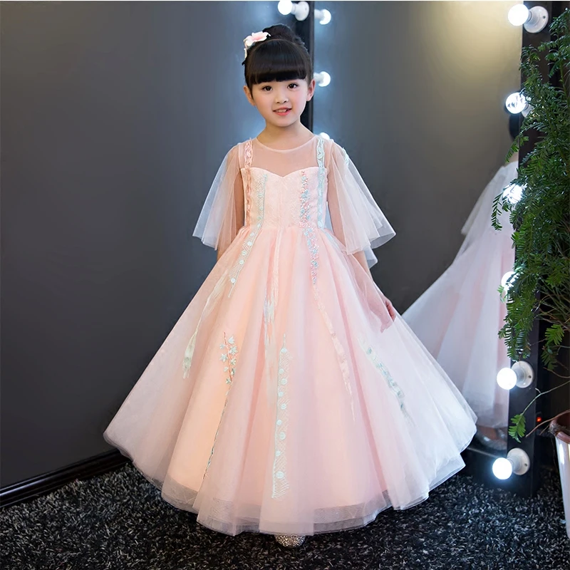 

2017 New European Elegant Children Girls Summer Pink Lace Long Dress Kids Sweet Luxury Birthday Wedding Party Pageant Dress