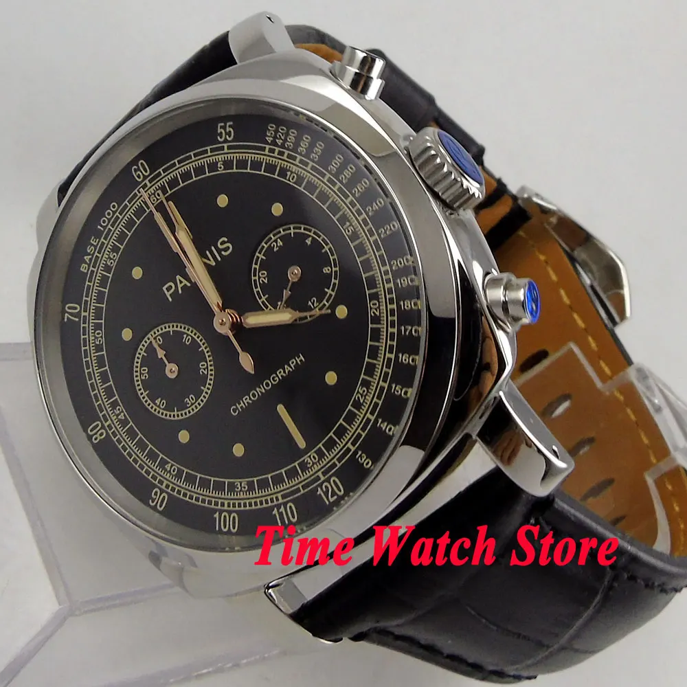 

44mm parnis men's watch black dial Full chronograph luminous hands and marks quartz movement wrist watch men 940