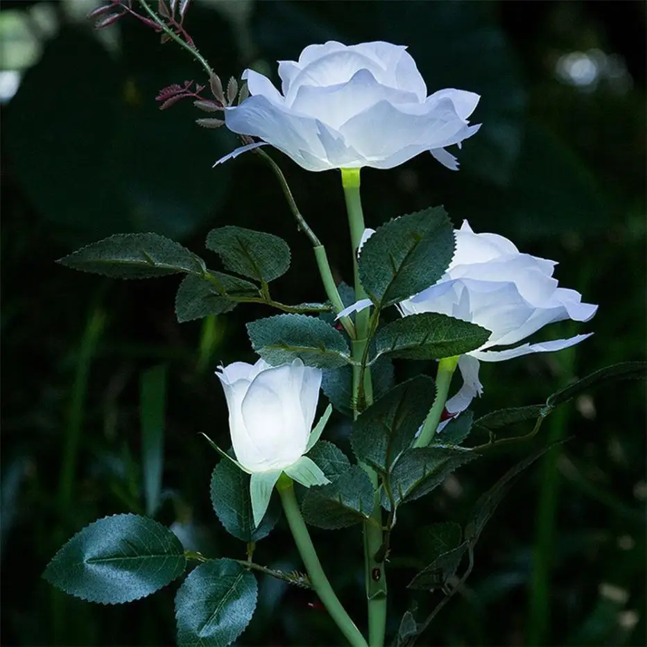 3 головы белый цветок розы солнечный светильник светодиодный декоративный наружный Газон лампа домашний сад поддельный цветок ночной
