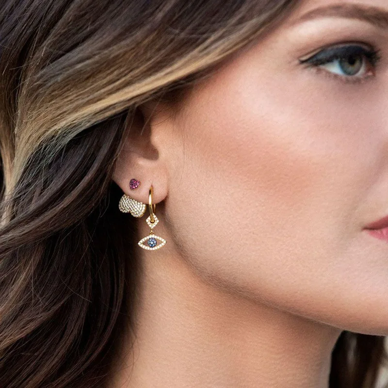 

New Round Blue Zircon Lucky Eyes Stud Earring JUIN 925 Sterling Silver Zircon Palm Hamsa Lucky All Women Wedding Cuff Jewelry