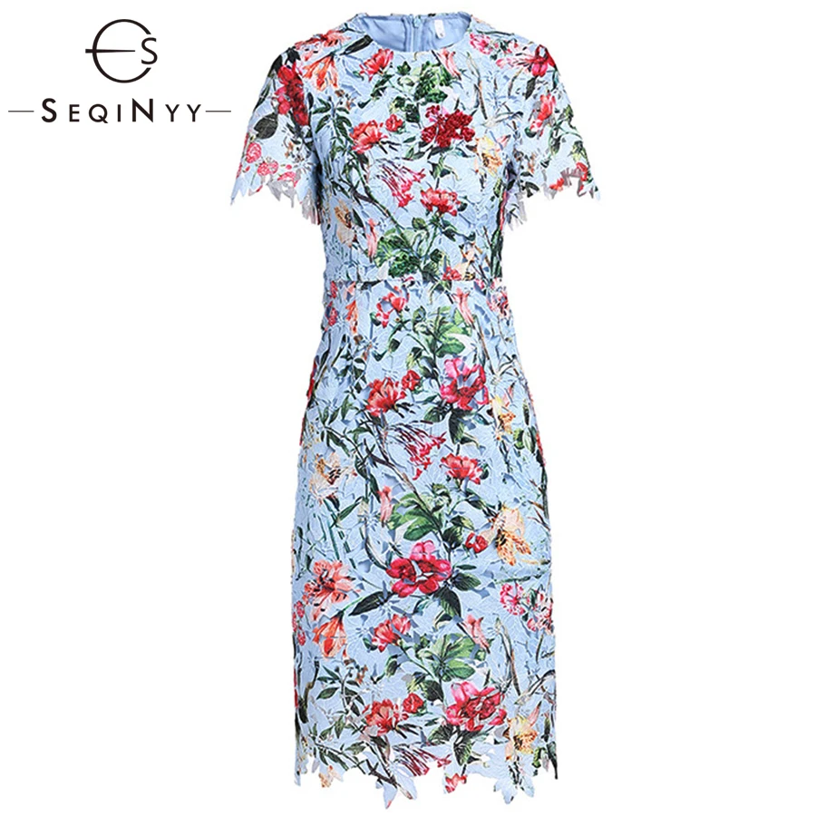 

SEQINYY Floral Dress Printed Early Spring New Fashion High Quality Short Sleeve Slim Hollow out Lace Summer dress 2019