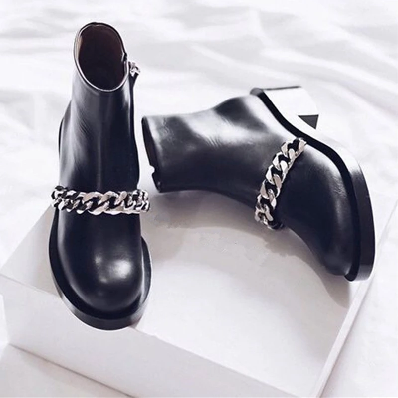 

Newest Chain Martin Boots Woman Round Toe Silver Gold Metal Chain Black Real Leather Short Boots Back Zipper Ankle Boots Woman