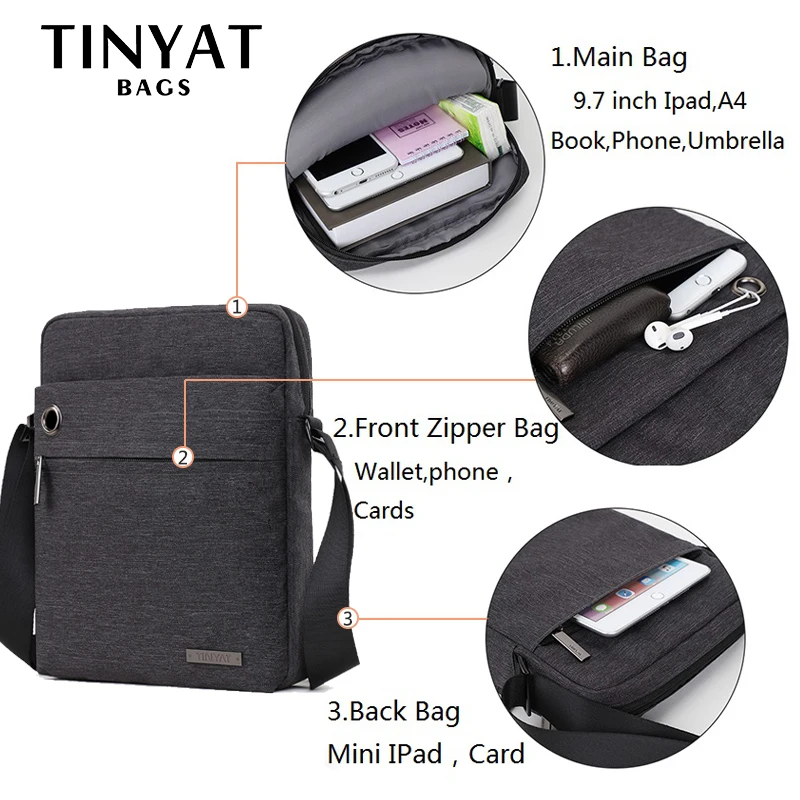  TINYAT Men's Bag Gray Shoulder Bag for 9.7'pad Student Bag Waterproof Business Travel Crossbody Bag