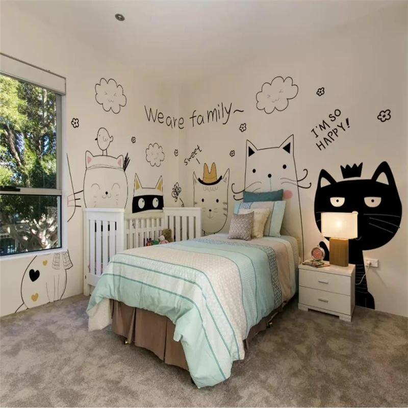 Обои фото 3D фото на заказ весь дом Настенные обои ребенок мультфильм милый черный и белый кошки для детской комнаты спальни