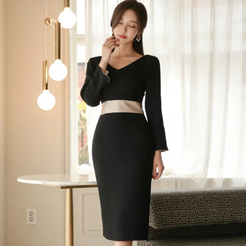 

2019 Autumn V-Neck Black High Waist Women Vestidos Pencil Bodycon Knee-Length Sexy Long Sleeve Party Dress