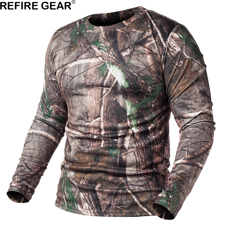 ReFire Gear Spring Long Sleeve Outdoor Camouflage T-shirt Men Quick Dry O Neck Camo T Shirt Hunting Hiking Camping Shirt choker neck cold shoulder t shirt